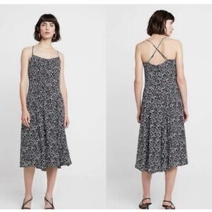 Banana Republic Pintuck Midi Dress Size 12 Black & White Spotted Lined Strappy